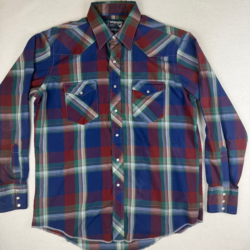 Wrangler Cowboy Cut Western Shirt Mens 17x35 Plaid Pearl Snap X-Long Tails Blue
